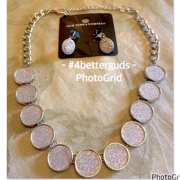 Bundle Set New York & Company Silver Sparkly Shimmery Necklace & Earring O/S - Picture 1 of 12
